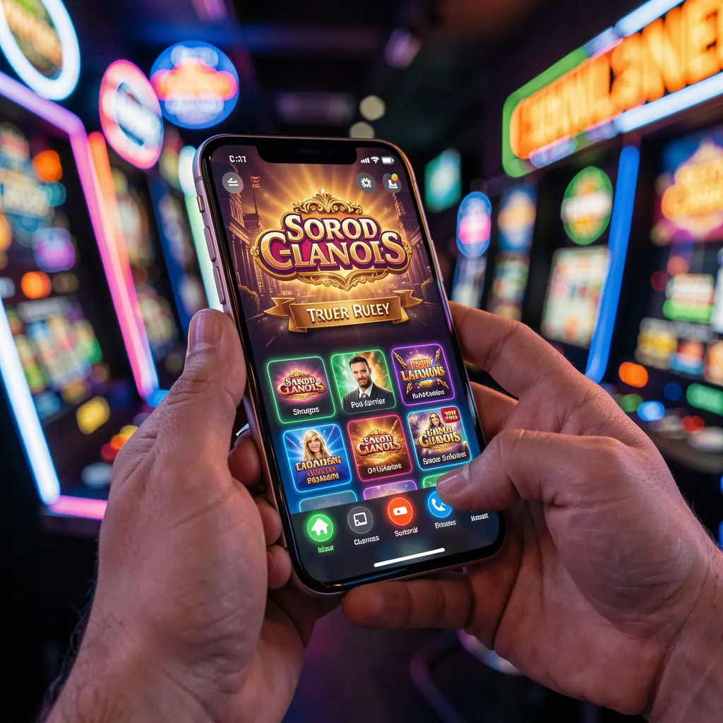 Close-up of hands playing colorful slot games inside the 76OK mobile casino app with bright neon casino style visuals