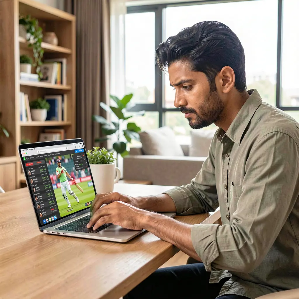 Bangladeshi sports betting enthusiast analyzing live cricket odds on a laptop at home using the 76OK betting platform