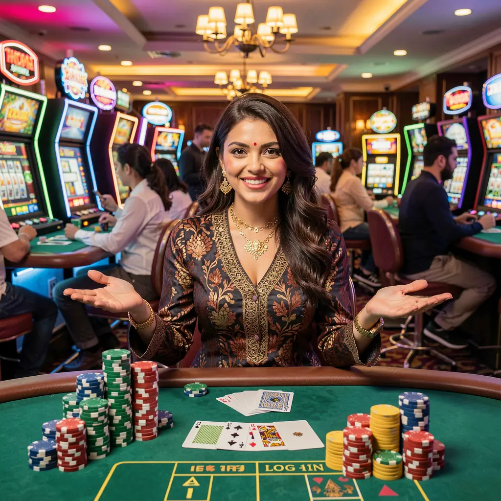 Elegant live casino dealer at a glowing gaming table with stacked chips and cards showcasing the premium atmosphere of 76OK Casino in Bangladesh